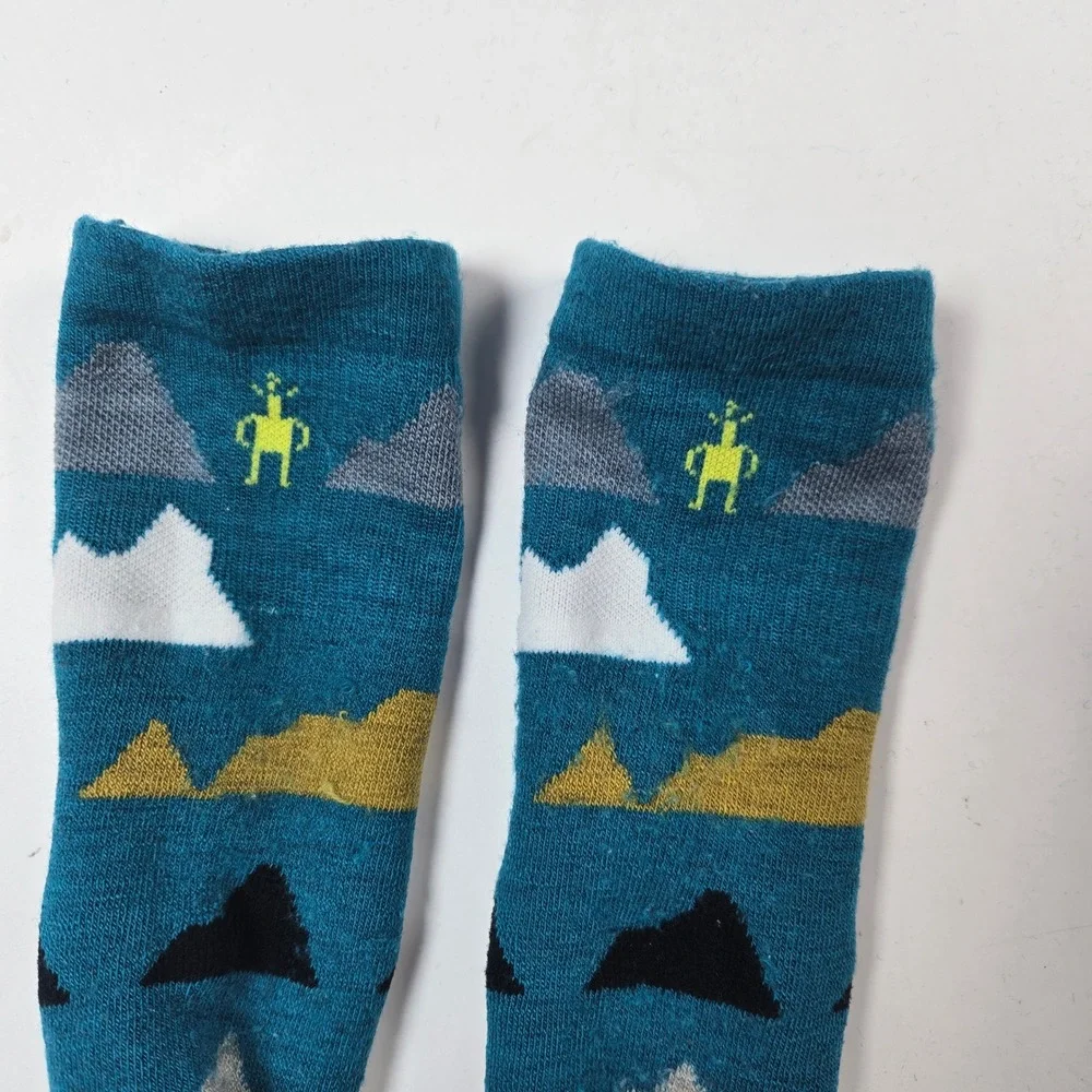 Smartwool Socks Kids Medium Blue Mountain Graphic Merino Wool Hiking Outdoor